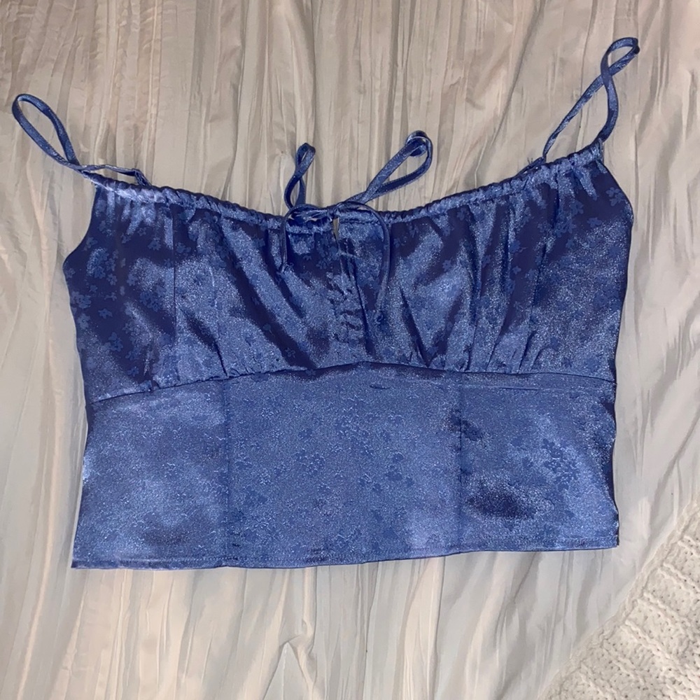 LA hearts, light blue satin top, size small